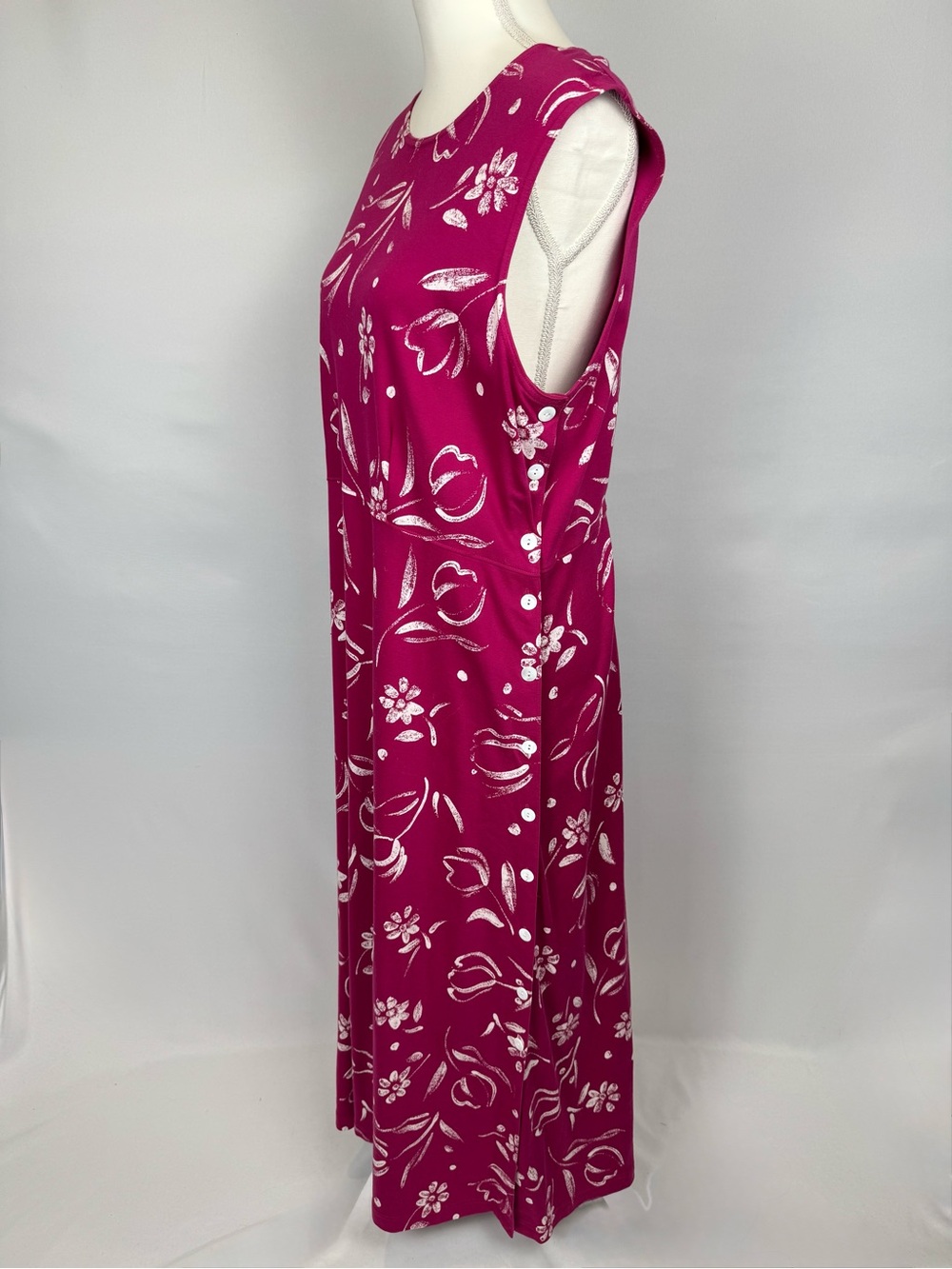 Vintage Lands End Fuchsia Floral Sleeveless Maxi Dress Sundress Cotton Large